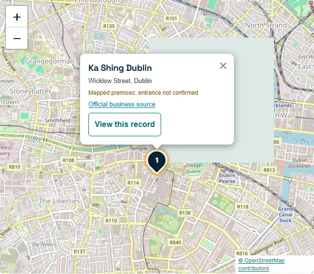 FutureSearch map showing the reviewed Ka Shing Dublin point on Wicklow Street